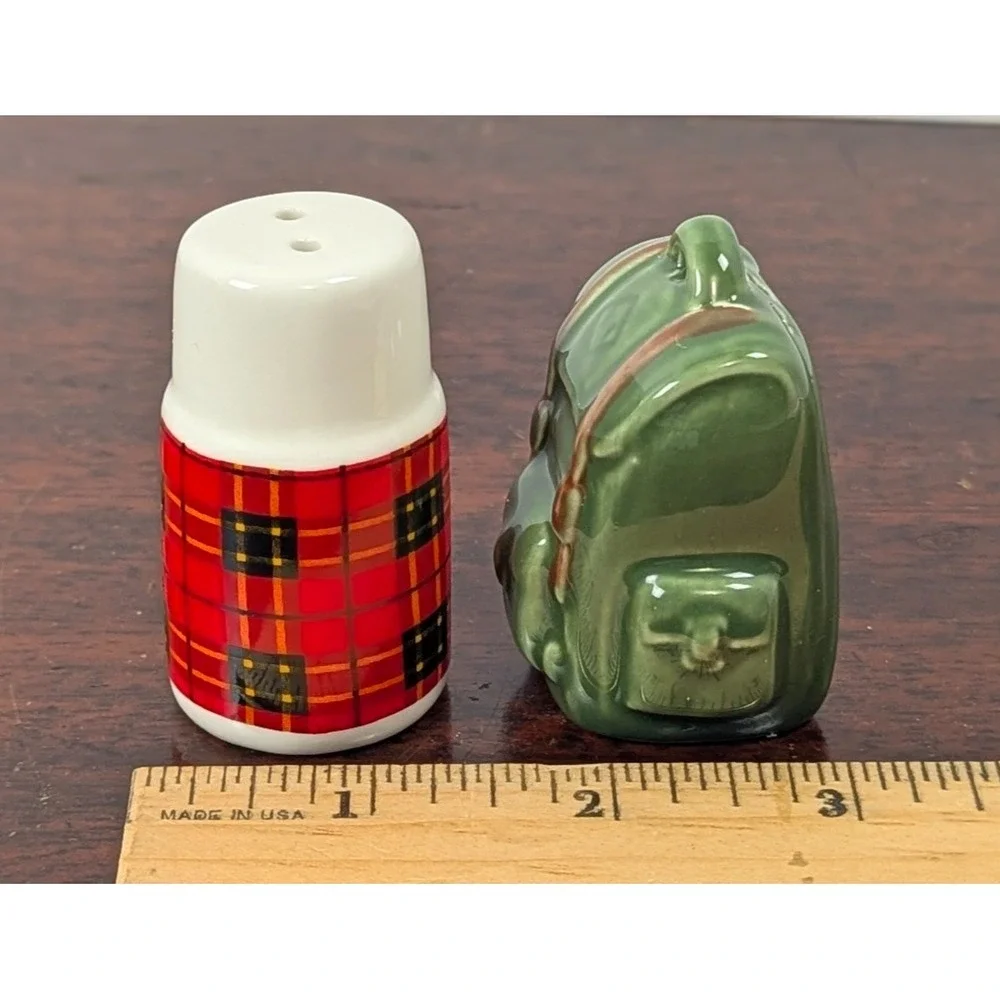 Camping Coffee Mug & Hiking Backpack Ceramic Salt & Pepper Shakers Pair Novelty